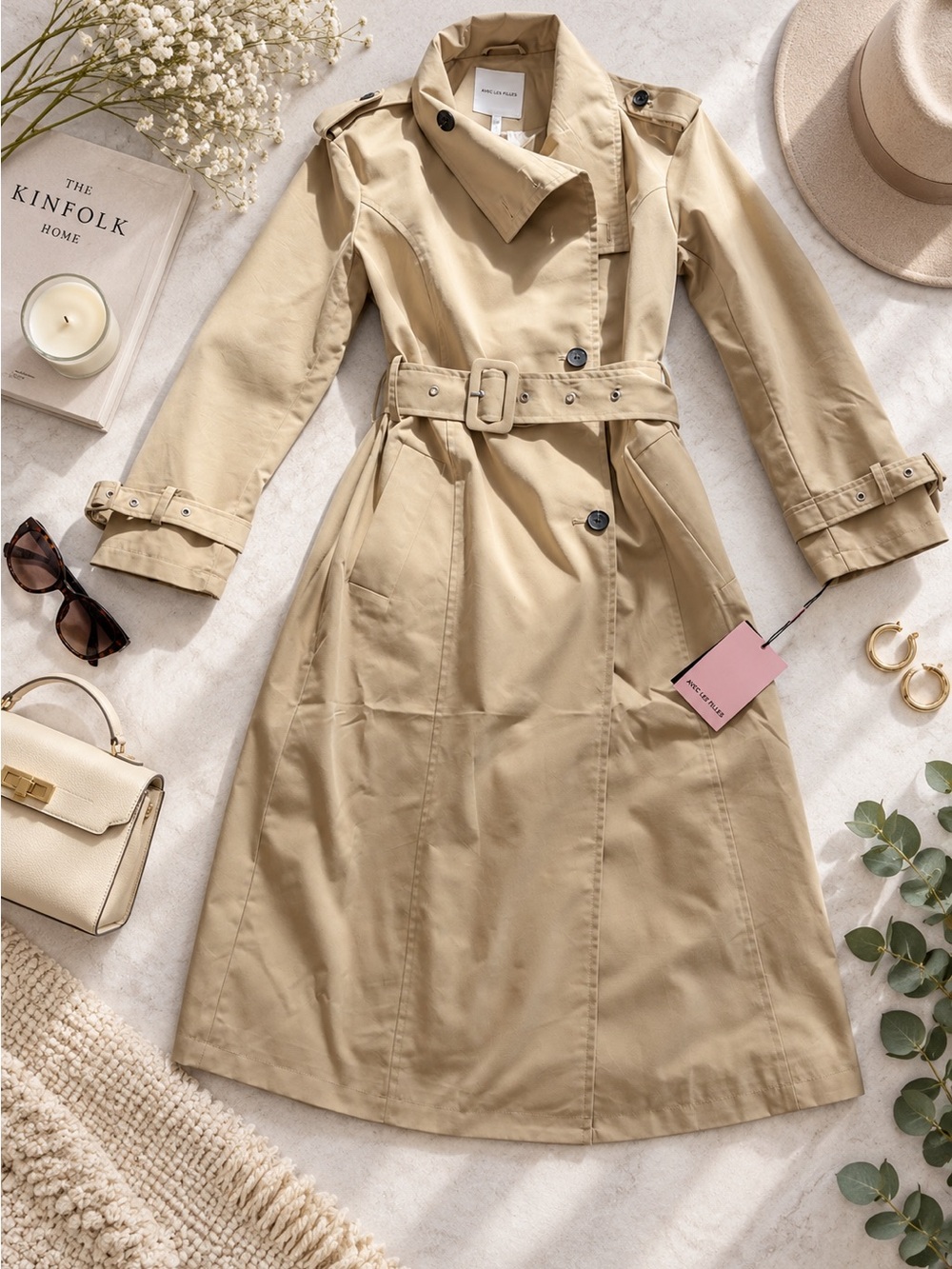 Avec Les Filles Classic Belted Trench Coat - Khaki - Size S - NWT